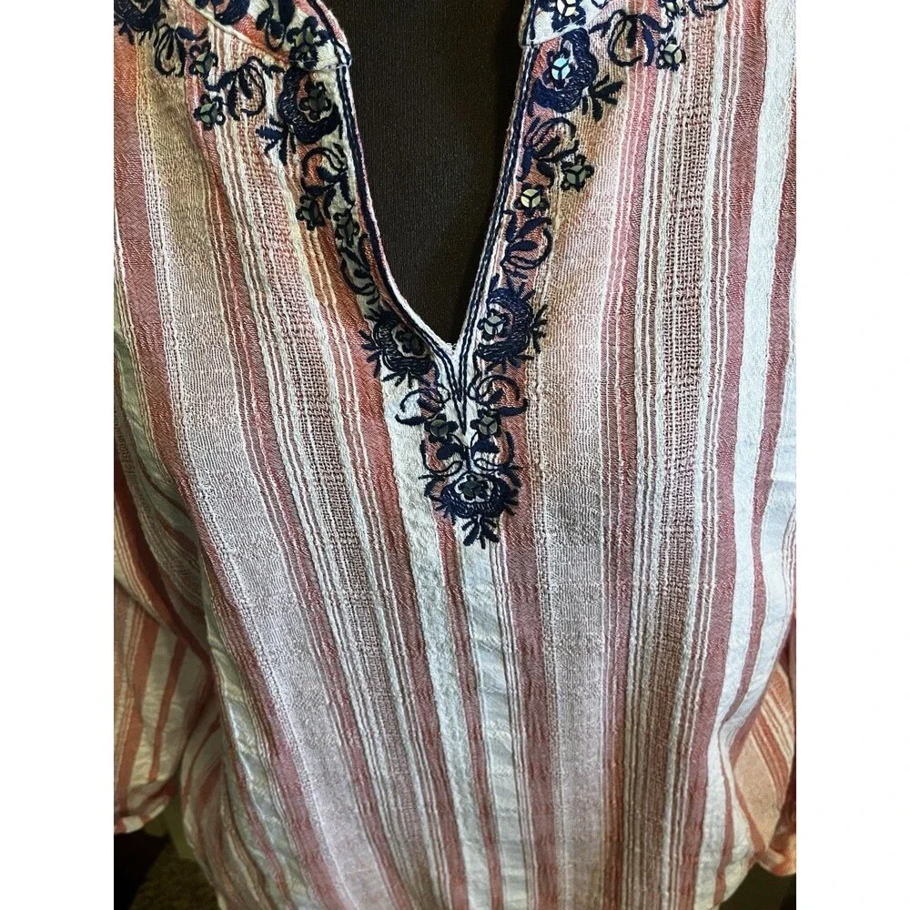 Ruby Rd. Coral/White XL Striped Embroidered V-Neck Tab Sleeve Cotton - Picture 3 of 4